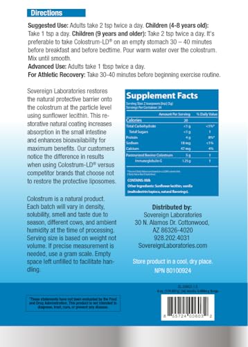Colostrum-LD vanilla powder scoop highlights easy mixing and fast absorption.