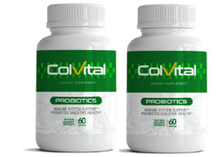 Colvital probiotic bottle label closeup, showing 60 capsules per box for daily use