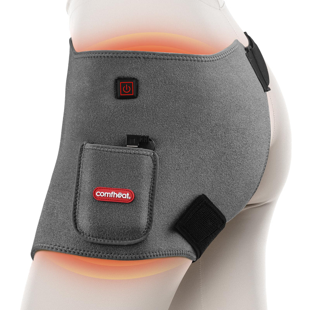 Comfheat cordless hip heating pad with detachable battery for on-the-go warmth.