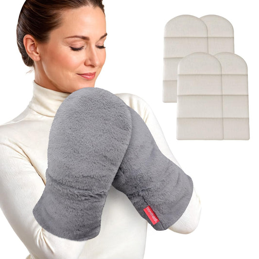 Comfheat microwavable heated gloves on hand for soothing warmth and joint comfort.