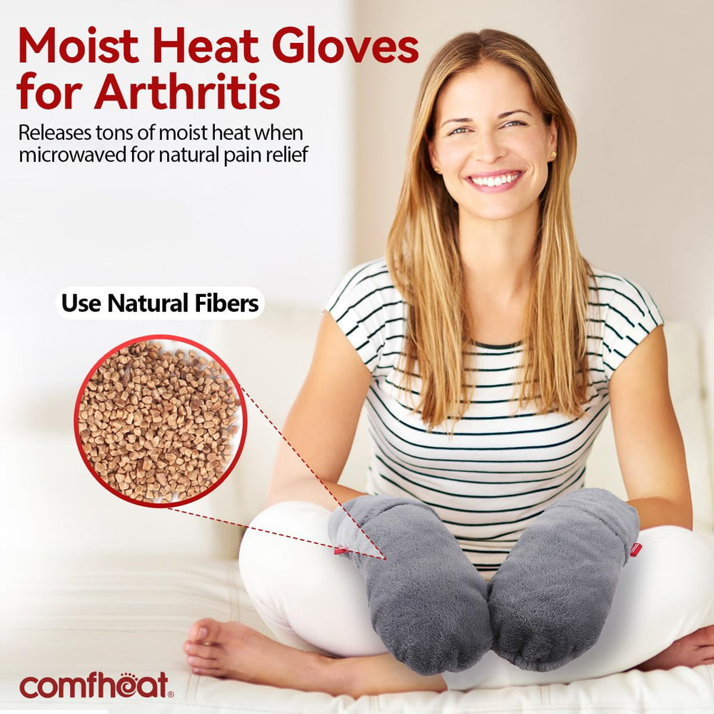 Comfheat gloves warming in microwave to deliver moist heat therapy for sore hands.