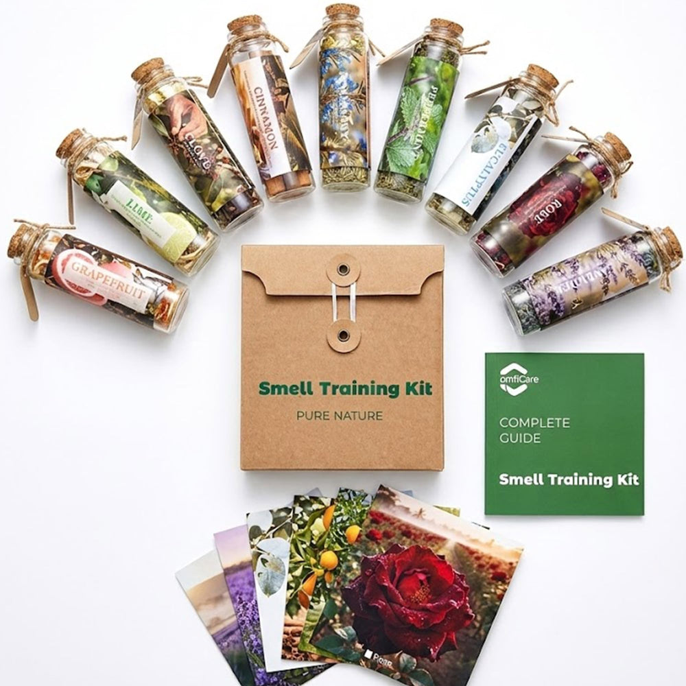 ComfiCare smell training kit with nine botanical vials for structured aroma practice.