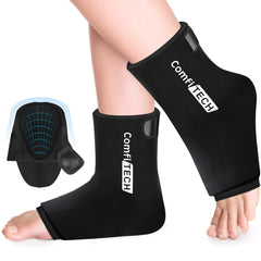 Comfitech ankle ice pack wrap with large opening for easy slip-on and targeted cooling