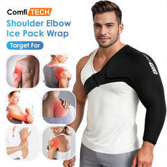 Comfitech elbow ice sleeve close-up shows focused cooling for muscle relief.