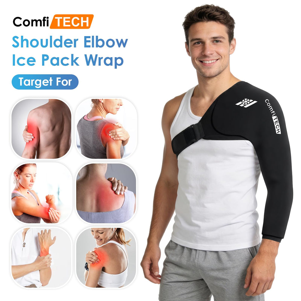ComfiTECH shoulder arm ice pack wrap on shoulder shows adjustable straps for a secure fit