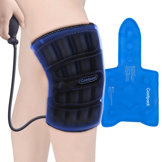 Comfpack knee ice pack wrap front view with uniform compression for steady knee support.