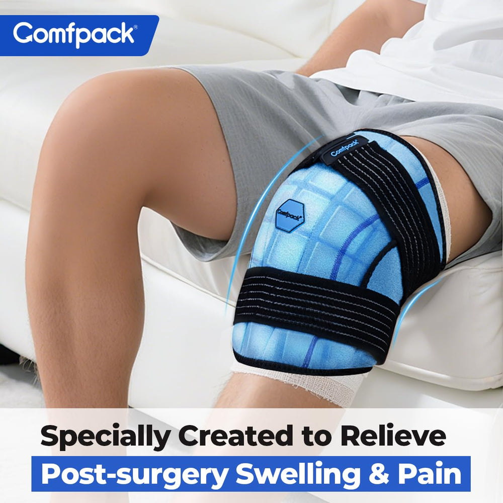 Comfpack knee ice pack wrap worn on the knee during daily activities.