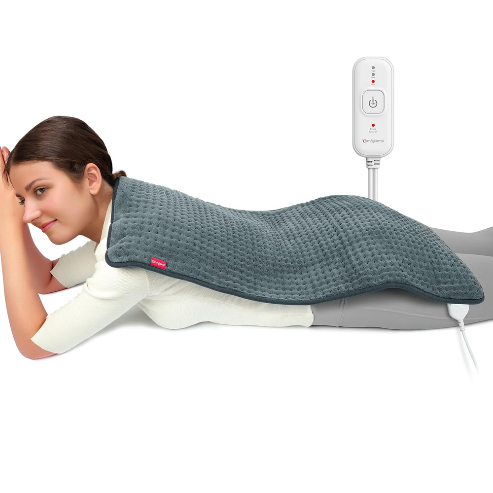 Comfytemp extra-large heating pad on back and shoulders offering targeted warmth.