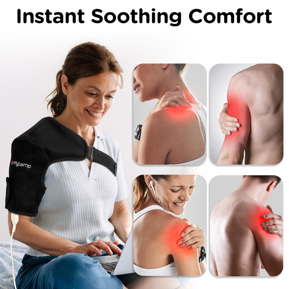Comfytemp heated shoulder brace offering steady warmth while supporting the shoulder joint.