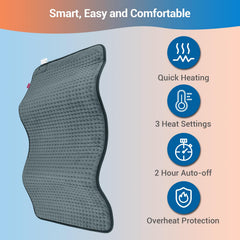 Comfytemp pad shows 3 heat settings and 2-hour auto shut-off for safety.