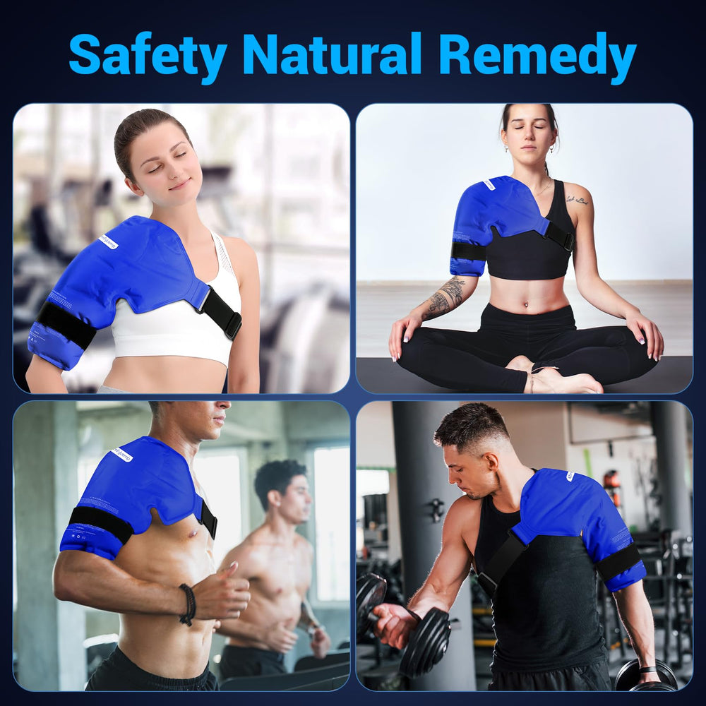 Reusable gel pack wrap suitable for left or right shoulder.