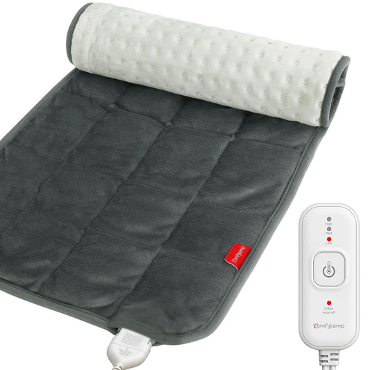 Comfytemp weighted heating pad placed on back and shoulder for soothing warmth and a snug fit.