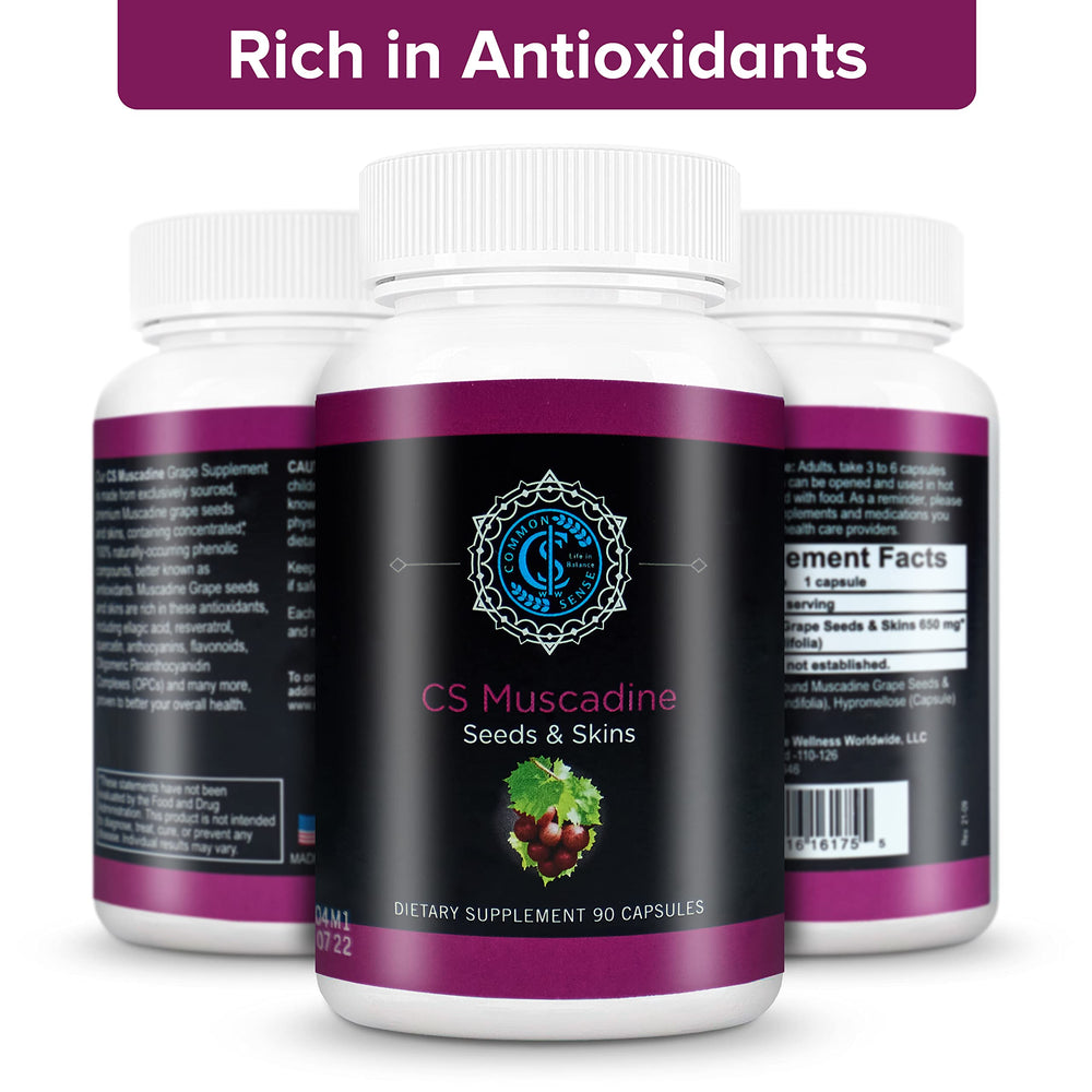 Commonsense Muscadine ingredients label shows nature-only components with no additives.