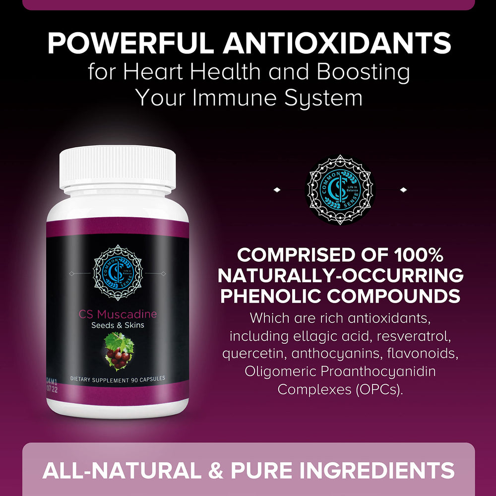 Close-up of Commonsense Pure Muscadine capsules reveals polyphenol-rich formula.