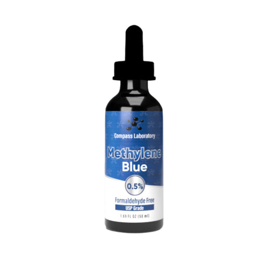 COMPASS LABORATORY Methylene Blue bottle—premium USP-grade formula in a glass container for purity.
