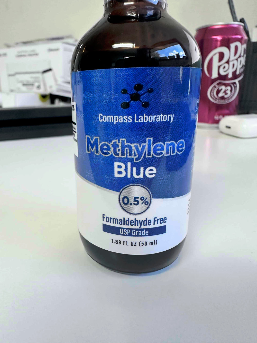 COMPASS LABORATORY Methylene Blue glass-vial—burst of clarity with safe storage.
