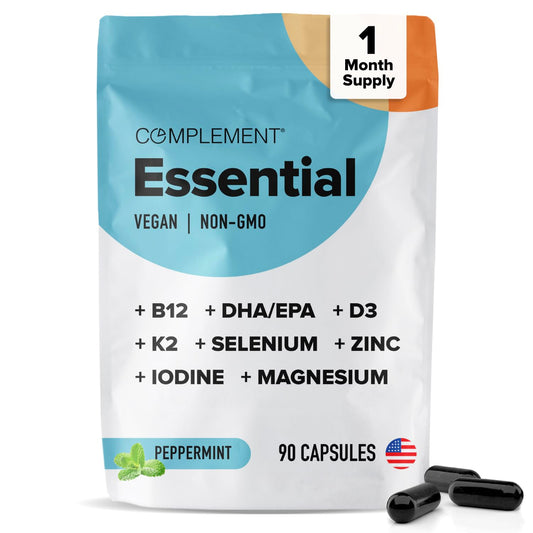 Complement essential vegan multivitamin bottle for daily plant-based nutrition