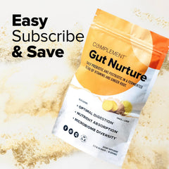 Complement Gut Nurture biodegradable pouch highlighting eco-friendly packaging