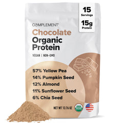 Complement Organic Chocolate Protein Powder jar for on-the-go plant-based protein