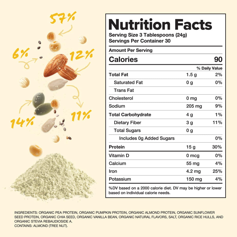 Close-up of organic ingredients blend used in Complement vanilla protein powder for plant-based nutrition