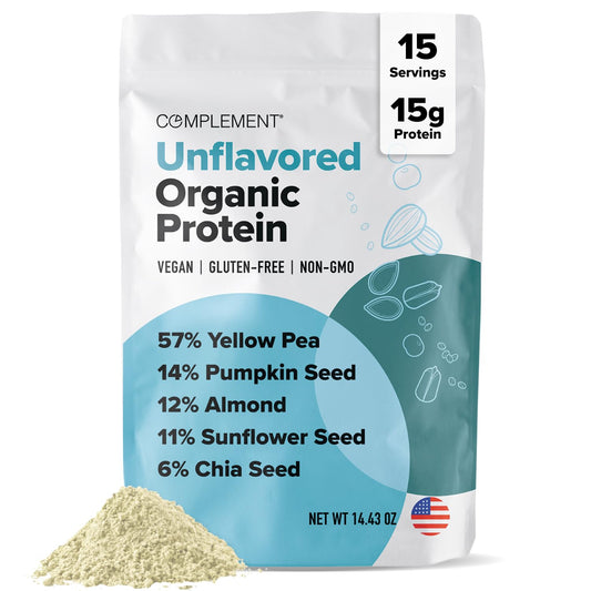 Complement Organic Unflavored Protein Powder canister front for versatile smoothies and baking.