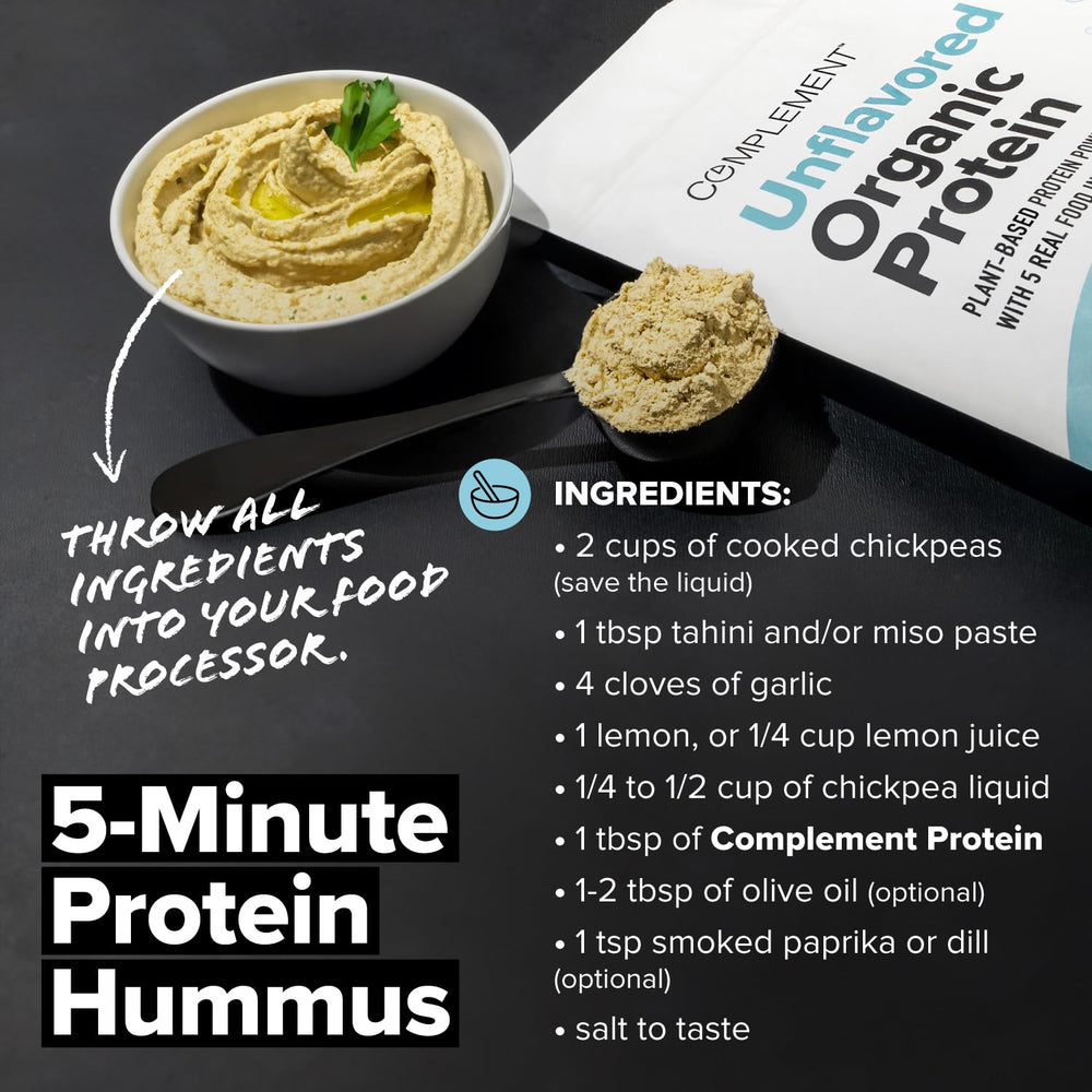 Complement Organic Unflavored Protein scoop beside ingredients for easy mixing.