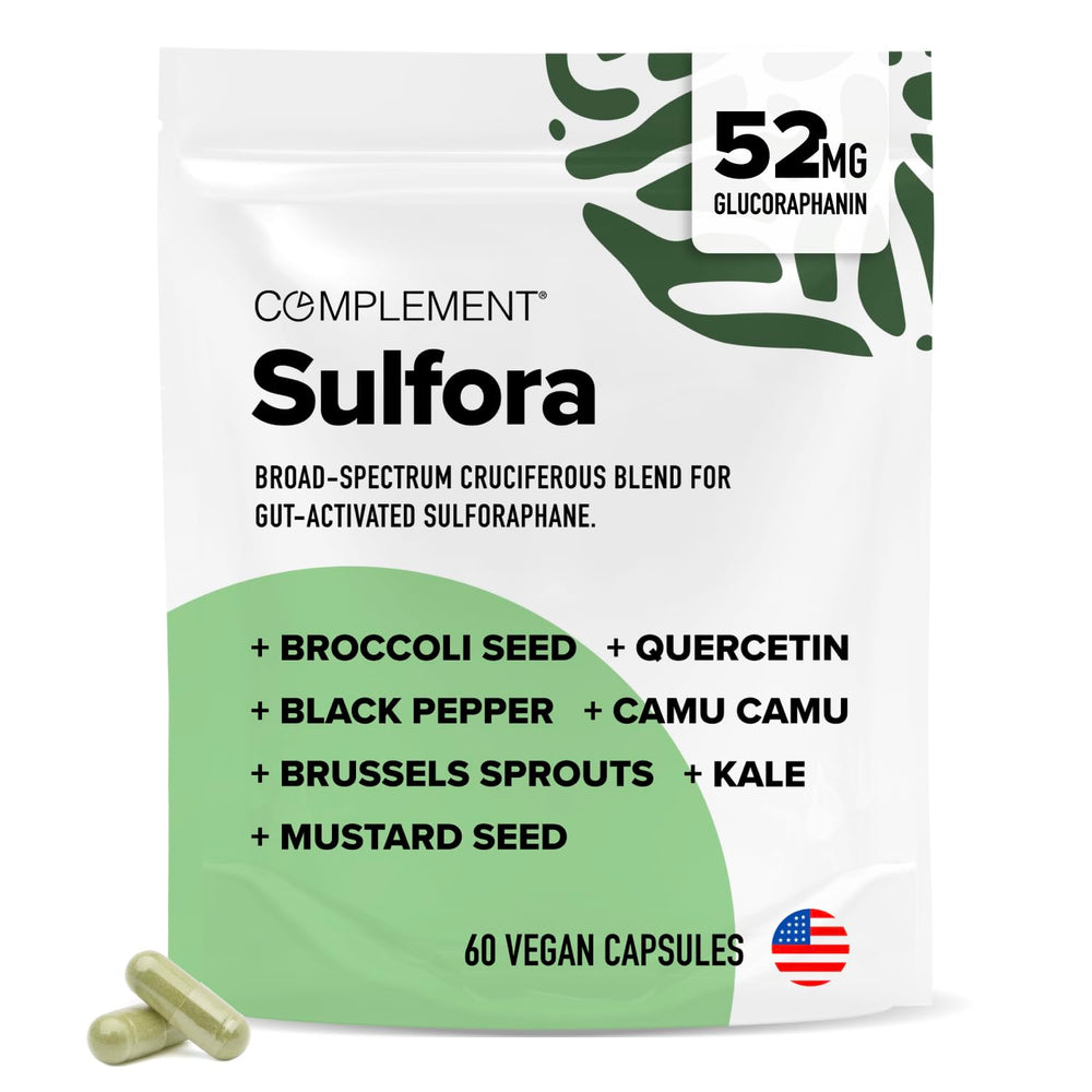 Complement Sulfora bottle front showing natural detox and daily wellness support.