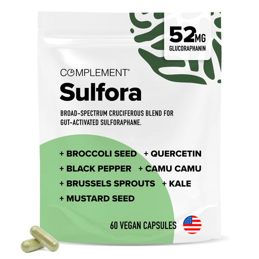 Complement Sulfora bottle front showing natural detox and daily wellness support.