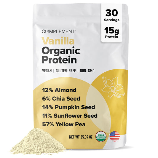 Complement Vanilla protein powder bottle showing an organic blend for everyday shakes
