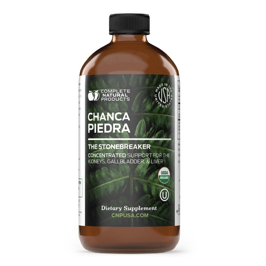 Complete Natural Products Chanca Piedra bottle being poured supports urinary balance.