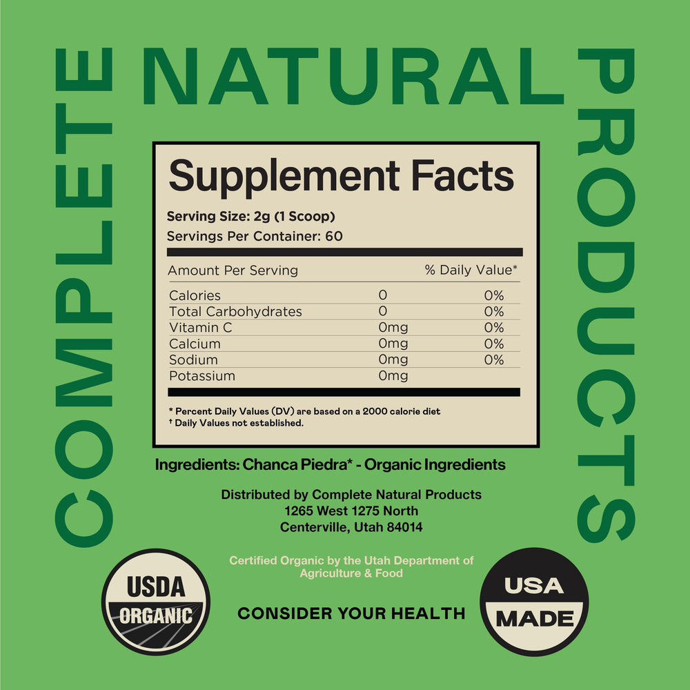 Complete Natural Products Chanca Piedra powder in a cup ready to mix.