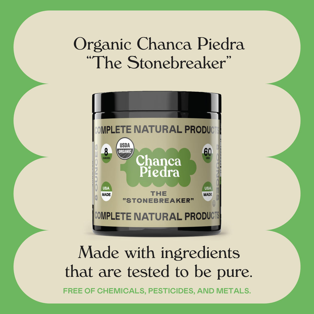 Complete Natural Products Chanca Piedra powder pouring into a measuring pitcher.