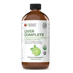 Complete Natural Liver Complete bottle label shows organic formula for daily liver support.