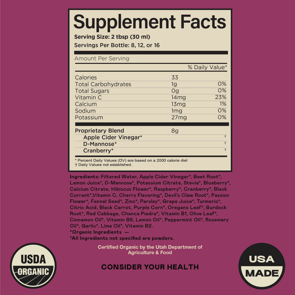 Complete Natural Products Urinary Tract Complete apple cider vinegar symbol for pH balance support.