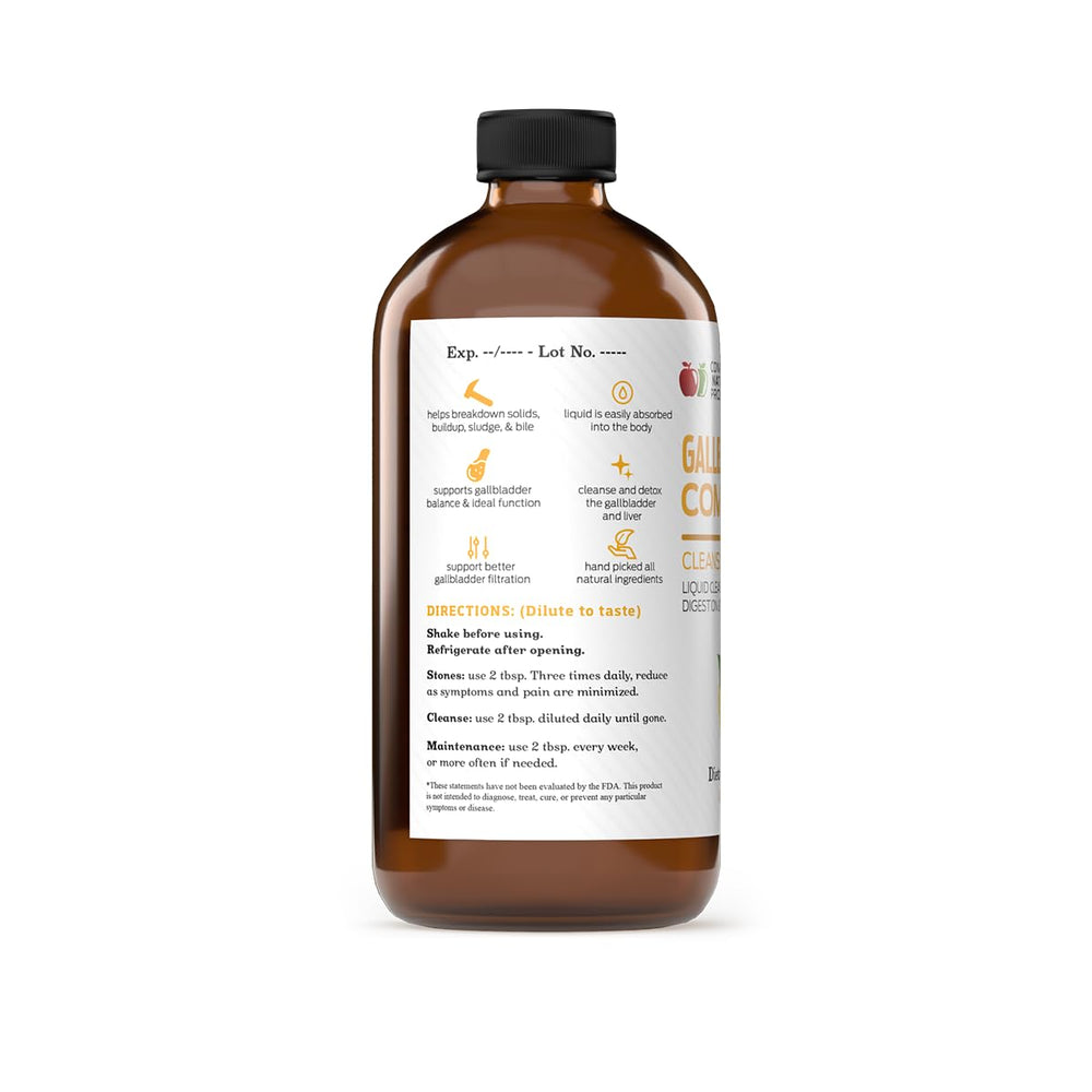 Complete Natural Products Gallbladder Liquid bottle on the counter shows organic ingredients for liver support