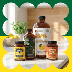Complete Natural Products Liquid Gallbladder Support pour demonstrates fast-absorbing herbal relief.