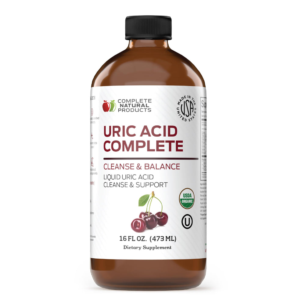 Complete Natural Products Uric Acid Complete bottle on counter for daily liquid support.