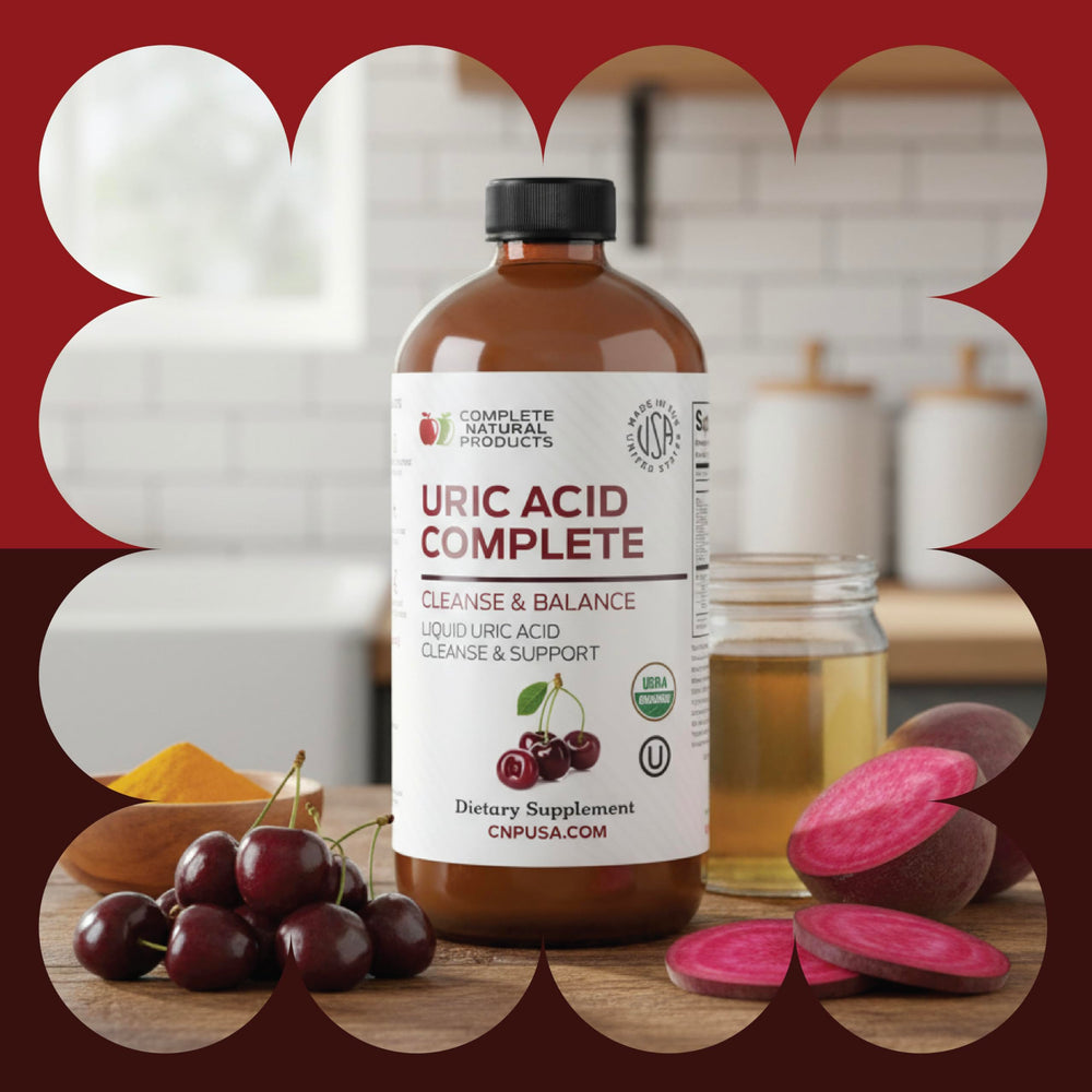 Complete Natural Uric Acid Complete ingredients panel with tart cherry and beet root.