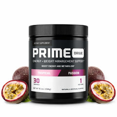 Complete Nutrition Prime Drive Tropical Passion tub front view, energizing powder for workouts.