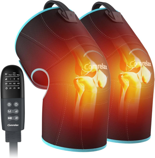 Comrelax knee massager in action with heat and compression for leg comfort.