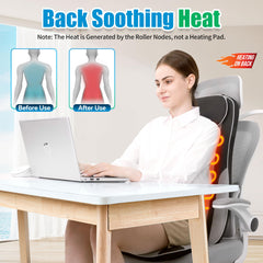 Comrelax massager with strap system secured to chair for hands-free relaxation