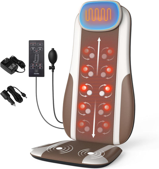 Comrelax shiatsu back massager with four kneading nodes for thorough back relief.