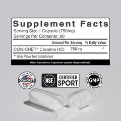 CON-CRET Creatine HCl capsules bottle-back shows NSF USA-made certification.