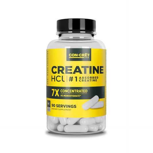 CON-CRET Creatine HCl capsules bottle-front for daily energy and focus.