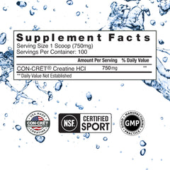 CON-CRET Creatine HCl powder with a measuring scoop for precise dosing.