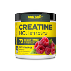 CON-CRET Creatine HCl Raspberry powder serving for convenient daily energy support.