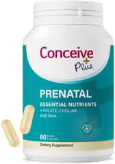 Conceive Plus Prenatal bottle front view highlighting vegan, non GMO nutrients for pregnancy support.