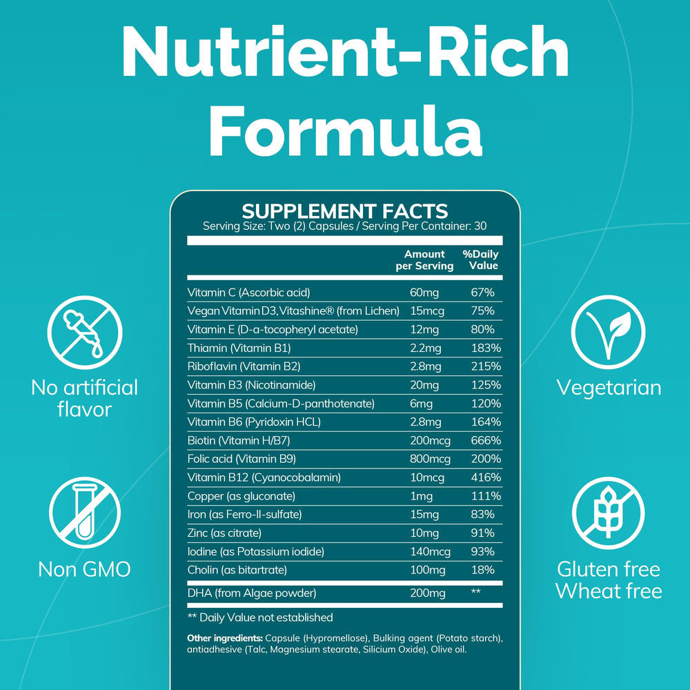 Conceive Plus Prenatal packaging box highlights vegan, non GMO formula.