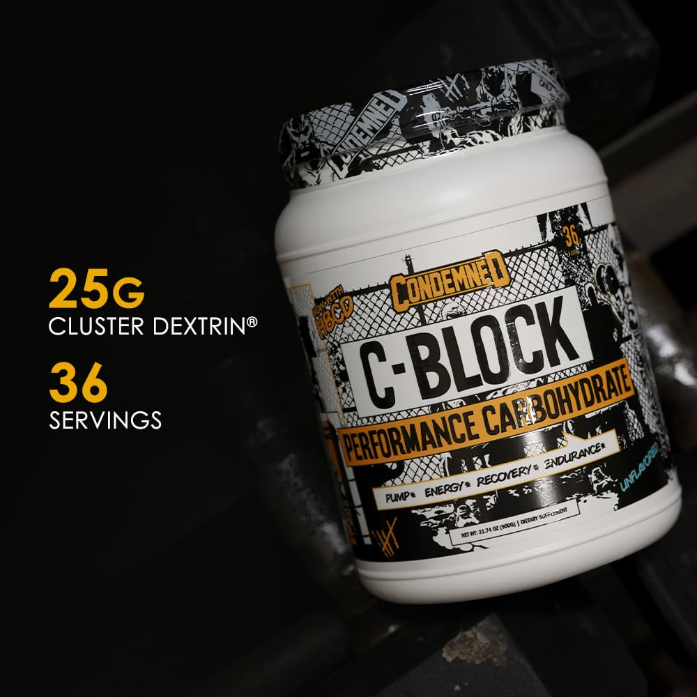 Condemned Labz C-Block tub close-up, highlighting recovery-ready powder.