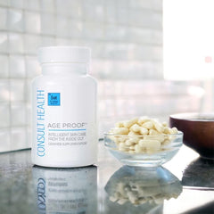 Consult Health Age Proof bottle resting on a bathroom counter ready for routine.
